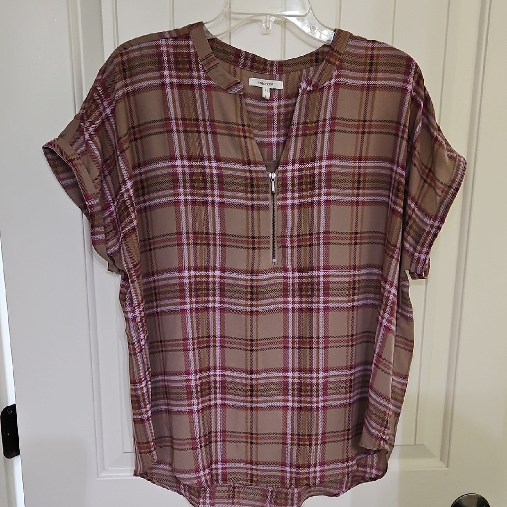 Maurice Indie Plaid Burgundy And Brown Short Sleeved  Blouse